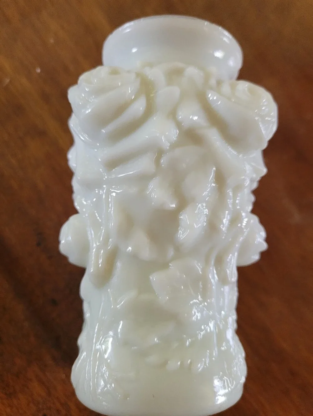 EAPG Opaque White Milk Glass Vase With Puffy Roses (116)